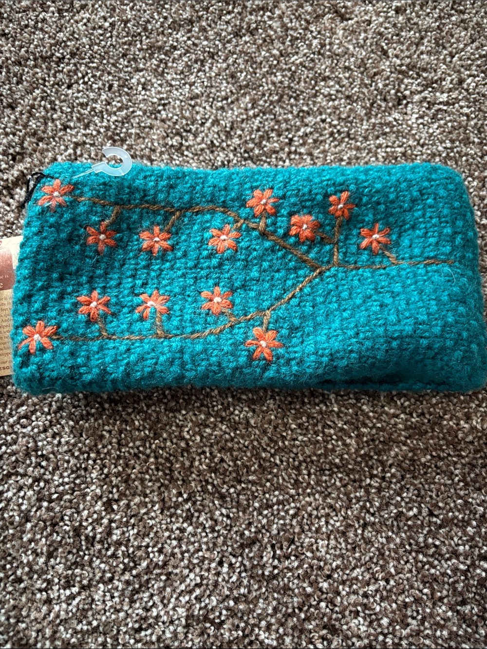 Teal Knit Headband with Orange Floral Embroidery